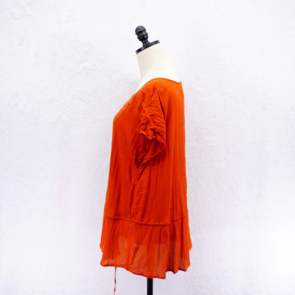 Ava Viv -1X- Orange Open Knit Floral Embroidered Blouse Round Neck Ribbed Rayon - Picture 2 of 7